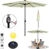 Collage of images showing a solar-powered LED patio umbrella, its features, and people using it. Produktbild-Vorschau