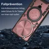 A rose gold phone case with a ring holder is shown against a dark, rocky background with a gradient blue sky. Produktbild-Vorschau