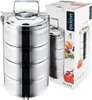 A stack of four stainless steel food containers and their packaging are shown against a white background. Produktbild-Vorschau