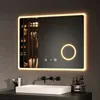 A modern bathroom vanity with a large LED mirror above a sink. Produktbild-Vorschau