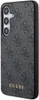 A close-up side view of a black smartphone case with a repeating Guess logo pattern and a gold Guess logo at the bottom. Podgląd zdjęcia produktu