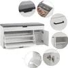 A white shoe cabinet with a gray upholstered seat, featuring multiple close-up views of its components and storage options. Voir les images du produit
