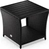 A black polyrattan side table with a WPC tabletop and an open shelf.