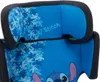 A close-up view of the headrest of a child's car seat, featuring a blue background with a Stitch character and floral pattern. Voir les images du produit