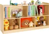 A wooden bookshelf filled with children's books and stuffed toys. Anteprima dell’immagine prodotto