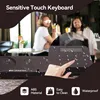 A close-up of a keyboard with a background of people in a bar setting. There are also icons and text describing features. Produktbild-Vorschau