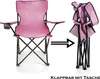 A pink camping chair shown in both its open and folded states, with an arrow indicating the transformation. Produktbild-Vorschau