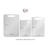 Three stainless steel cutting boards of different sizes are displayed with their dimensions indicated by measurement lines and text. Produktbild-Vorschau