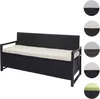 A black poly-rattan storage bench with a cream cushion, shown against a white background. Small circular insets on the right show different color options for the cushion and rattan. Voir les images du produit