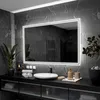 A modern bathroom vanity with a large LED-lit mirror, sink, and accessories. Produktbild-Vorschau