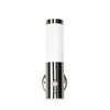 A modern outdoor wall light with a motion sensor, made of stainless steel and featuring a white cylindrical shade. Produktbild-Vorschau