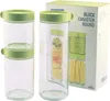A set of three glass canisters with green lids, displayed next to their packaging. Produktbild-Vorschau