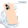 A peach-colored phone case is shown with water splashing around it, suggesting water resistance. Text in German indicates 'Flüssigkeit abweisende Oberfläche' (liquid-repellent surface). Produktbild-Vorschau