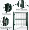A close-up view of a green metal garden gate, with callouts highlighting its features like the lock, handle, and hinges. Produktbild-Vorschau