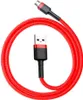 A red USB charging cable with black and red connectors is coiled on a white background. Produktbild-Vorschau