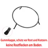 A close-up of a metal stand with a rubber cap on one of its feet, with text describing its features. Produktbild-Vorschau