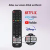 A remote control is shown next to logos of streaming services, with a magnified view of some of the remote's buttons. Produktbild-Vorschau
