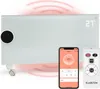 A modern white glass electric heater with wheels, a smartphone displaying its app controls, and a remote control. Red heat waves emanate from the heater and the floor. Voir les images du produit