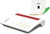 A white Fritz!Box router and a white fiber optic wall plate with a fiber optic cable are shown on a white background. Produktbild-Vorschau
