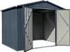 An outdoor metal shed with double doors open. Podgląd zdjęcia produktu