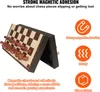 A magnetic chessboard is shown open with pieces on it, along with marketing text and icons highlighting its features. Náhled obrázku produktu