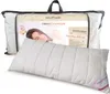 A pillow in its packaging, with a woman sleeping on a similar pillow in the background. Produktbild-Vorschau