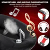 Marketing image for headphones, featuring musical notes and close-ups of headphone parts. Produktbild-Vorschau