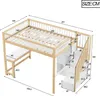 A diagram showing the dimensions of a loft bed with a desk and stairs. Náhled obrázku produktu