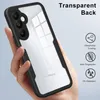 A hand holding a transparent phone case with a black frame, showcasing its features. Produktbild-Vorschau