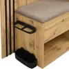 A close-up view of a wooden hallway furniture set, showing a bench with a gray cushion, a drawer with a gold handle, and storage shelves. There is also a black accessory holder attached to the side. Produktbild-Vorschau