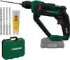 A cordless hammer drill kit with accessories, including drill bits, grease, and a storage case, is displayed against a white background. Produktbild-Vorschau