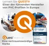 Marketing image for QUEST PVC profiles, showing a person using a laptop and phone with a map of Europe, a large 'Q' logo, and a product certification badge. Produktbild-Vorschau