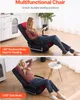 Two images of a multifunctional chair in different reclining positions, with text overlays describing its features. Produktbild-Vorschau