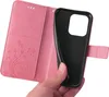 A hand holding a pink flip phone case open to reveal the inside and the phone holder. Produktbild-Vorschau