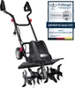 A black electric garden tiller with a certification badge on the right. Produktbild-Vorschau