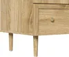 A close-up view of the lower section of a wooden cabinet with a drawer and a golden knob, resting on four wooden legs. Produktbild-Vorschau