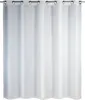 A white fabric shower curtain hanging from a rod. Produktbild-Vorschau