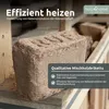 A close-up of a compressed wood briquette, likely for heating, with promotional text and branding. Produktbild-Vorschau