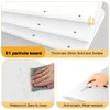 Collage of product features: close-up of particle board thickness, waterproof surface being cleaned, and scratch-resistant surface being tested with a key. Produktbild-Vorschau