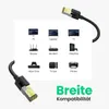 A collage of icons showing various devices compatible with an Ethernet cable, with the cable itself shown in the foreground and background. Text indicating broad compatibility is present. Produktbild-Vorschau