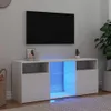A white TV stand with blue LED lighting is shown in a living room setting. Produktbild-Vorschau