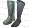 A green rubber boot and a black neoprene boot cover are displayed side-by-side against a white background. Produktbild-Vorschau