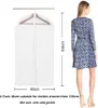 A collage showing a garment bag and a woman wearing a dress. Product dimensions are indicated. Produktbild-Vorschau