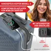 A woman is smiling and holding a phone, with a suitcase in the foreground. The suitcase has a phone charging via a USB cable. Produktbild-Vorschau