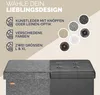 A promotional image showing a storage ottoman divided into two sections: one with a textured gray fabric and the other with tufted black faux leather. Text overlays describe design options like faux leather with buttons or linen look, various colors, and t Anteprima dell’immagine prodotto