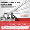 Close-up of a pressure testing pump with text overlays highlighting features and operating temperature. Produktbild-Vorschau