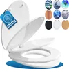 A collage showing a white toilet seat with its lid open, and a grid of various toilet seat designs. Anteprima dell’immagine prodotto