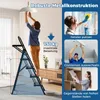A collage of images showing a person using a ladder for various household tasks, with text overlays highlighting features and benefits. Podgląd zdjęcia produktu