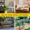A collage of four images showing outdoor furniture and decorative items, with a yellow banner across the top featuring text. Produktbild-Vorschau
