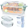 A glass roaster with a chicken and vegetables inside, shown with two empty glass dishes and a product box. Podgląd zdjęcia produktu